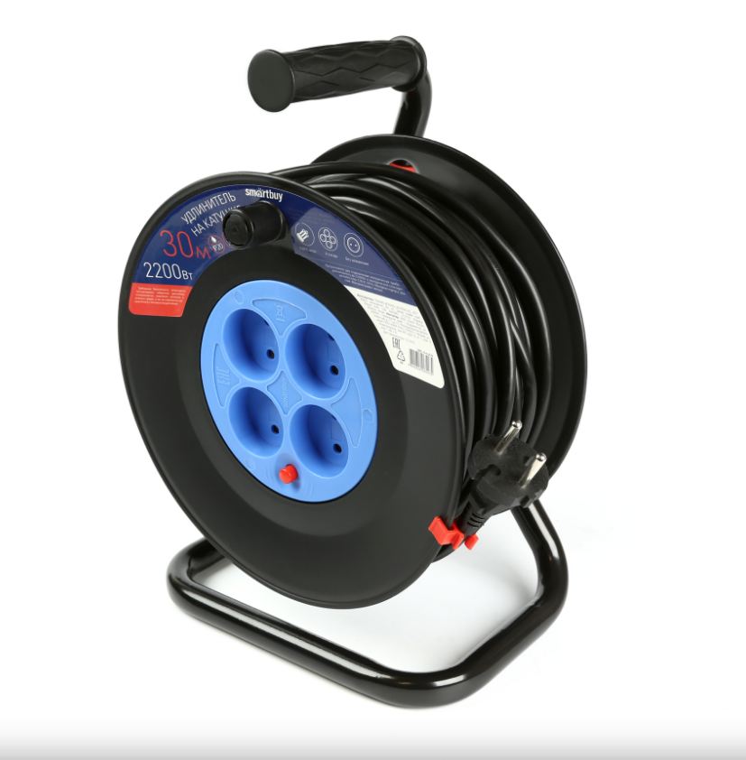 Удлинитель на катушке 4 гнезда 30м,без заземления с предохранителемПВС 2*1,0 10А/2,2кВт (4)