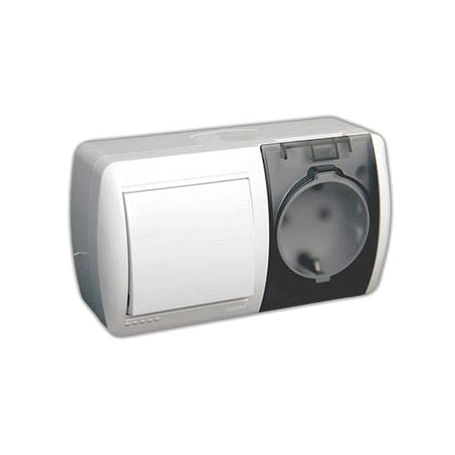 Розетка с крышкой + выключатель 1 кл Белый Открытой установки горизонтальный с/з Lezard (10)