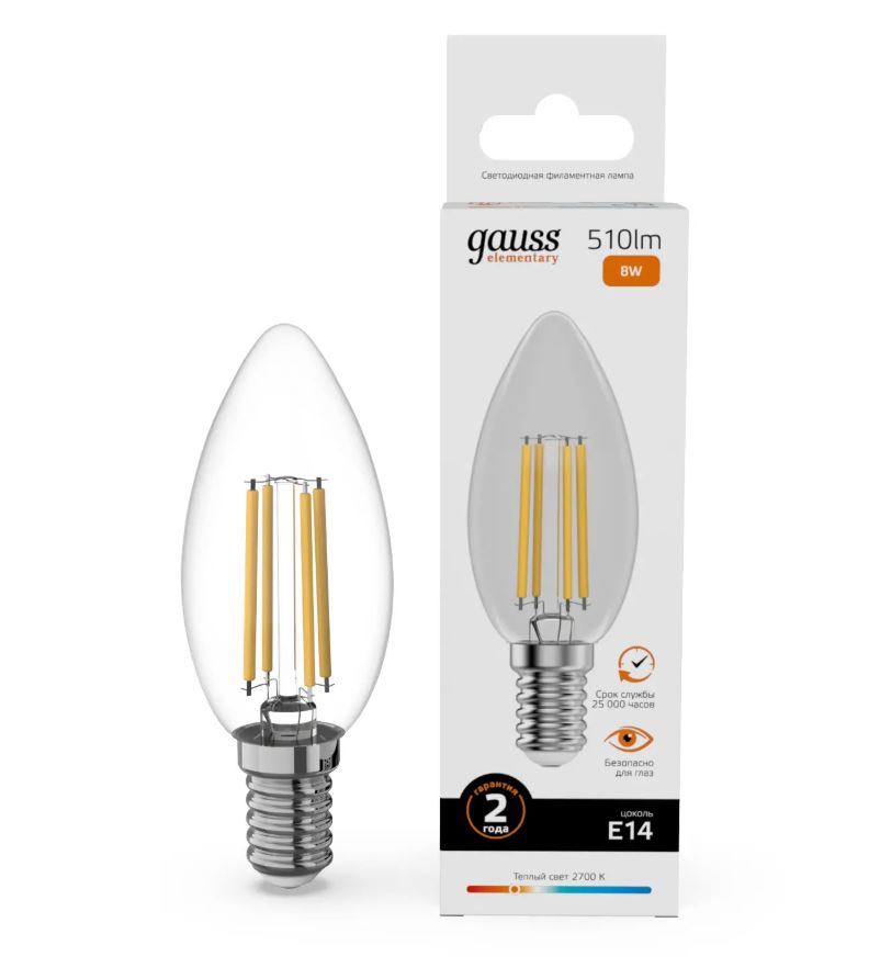 Лампа Gauss Filament Elementary Свеча 8W 510lm 2700К Е14 LED 1/10/100 (10)