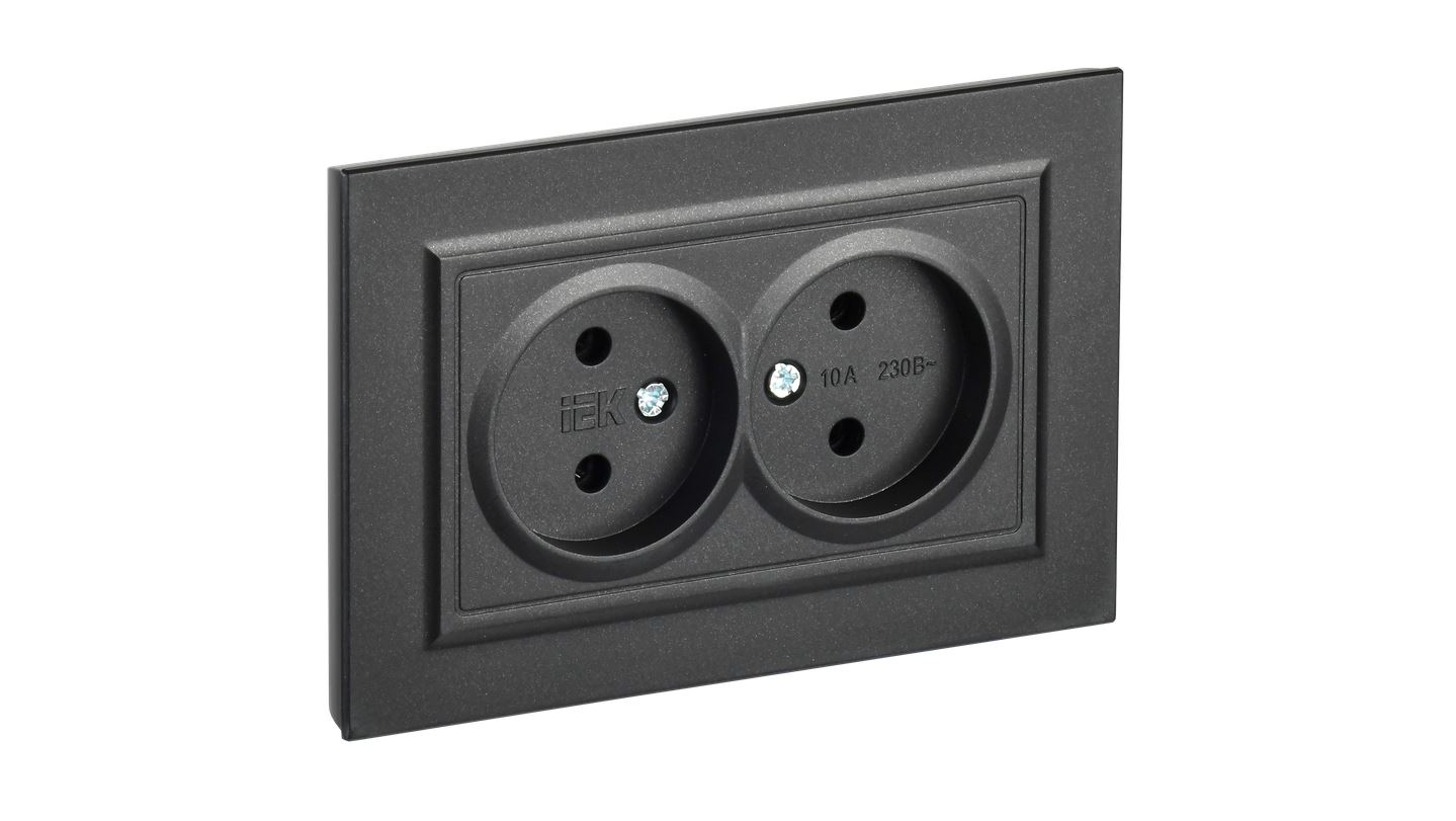 Черный розетка 2-местная без заземления без защитных шторок 10А в сборе РС12-2-БрЧ