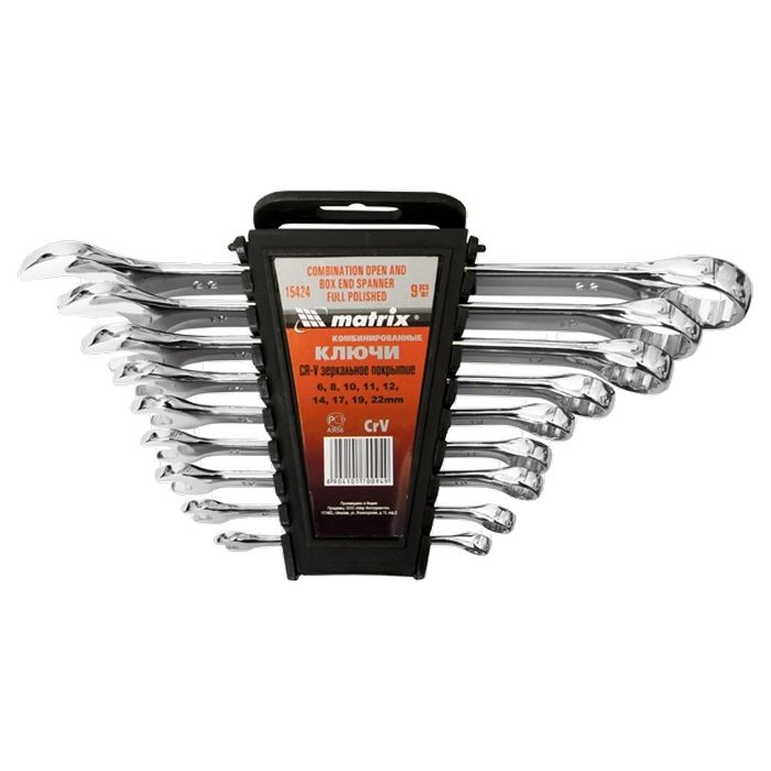 Набор ключей комбинир, 6 - 22 мм, 9 шт., CrV, полированный хром  MATRIX (10)
