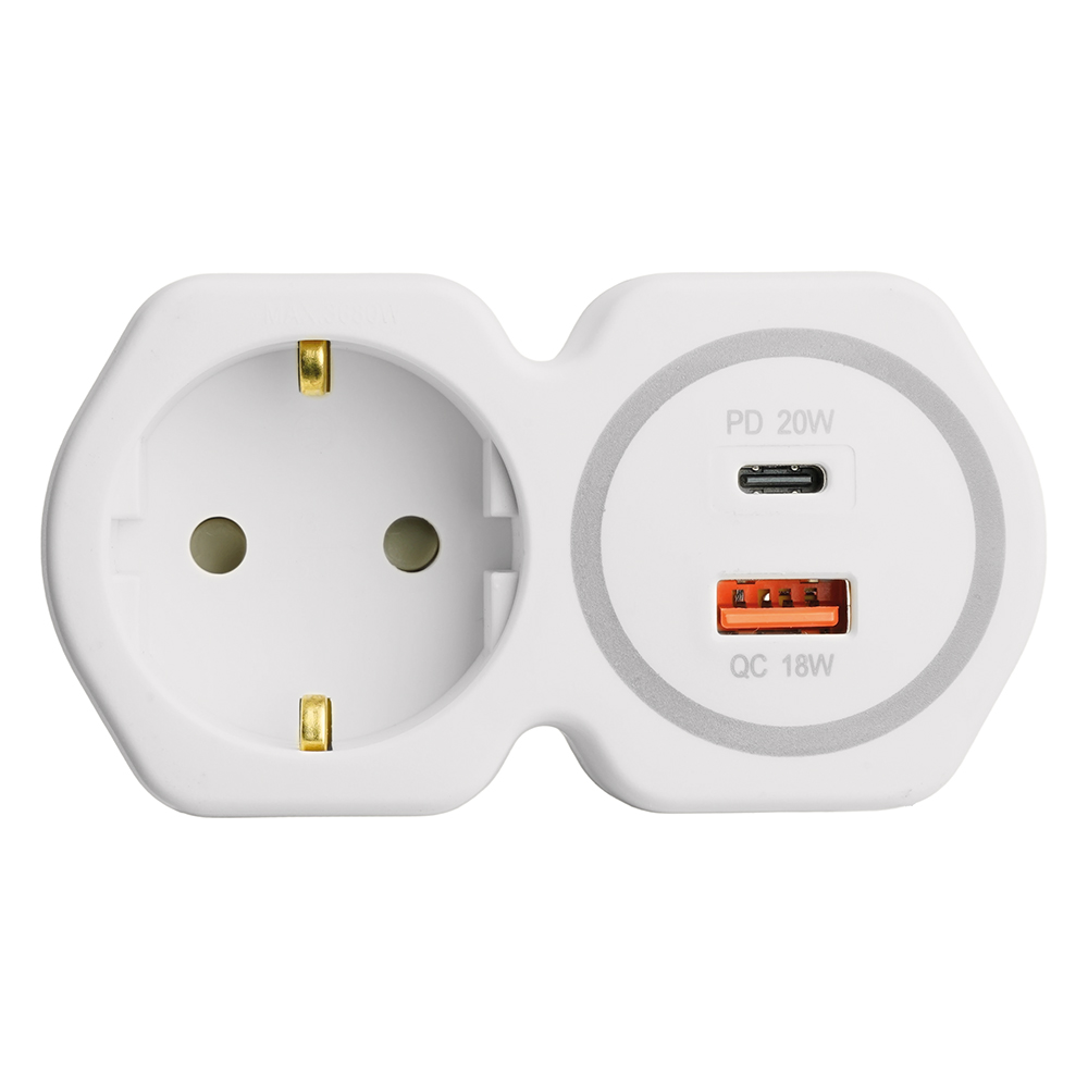Разветвитель сетевой на 1 выход с/з 250В, 16А, USB A (QC18W)+ Type C (PD20W), белый/серый (10)