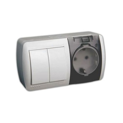 Розетка Белый Открытой установки горизонтальный 2 кл с крышкой + выключатель с/з Lezar (10)