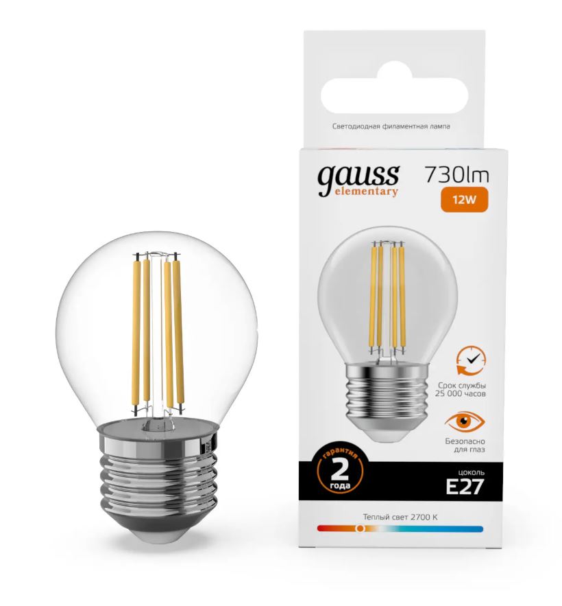 Лампа Gauss Filament Elementary Шар 12W 730lm 2700К Е14 LED 1/10/100 (10)