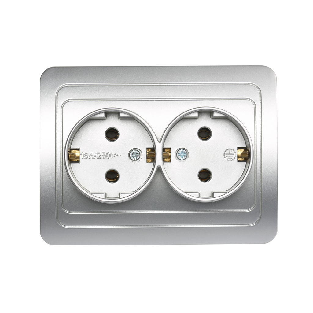 Розетка Серебро 2-местная с заземлением CП16А SmartBuy "Марс" (10)