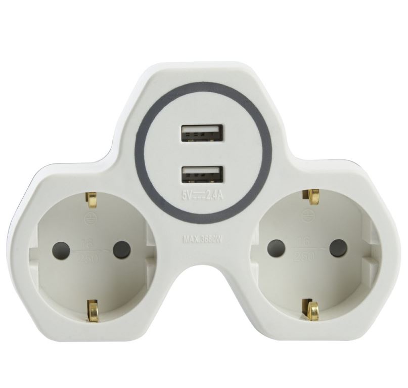 Разветвитель сетевой 2-местный и с 2-мя выходами USB, с/з, ADP16-14-20, белый/серый (60)