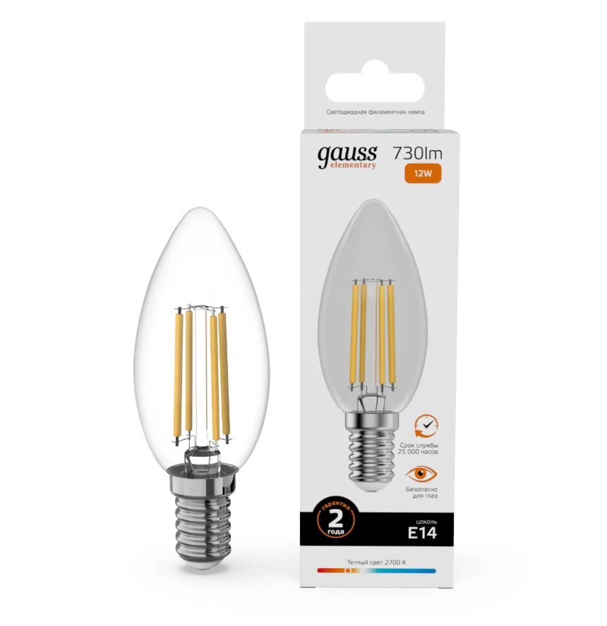 Лампа Gauss Filament Elementary Свеча 12W 730lm 2700К Е14 LED 1/10/100 (10)