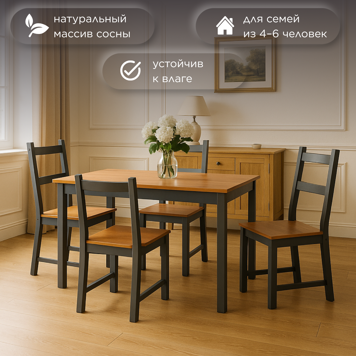 Обеденный комплект Соната (стол + 4 стула) / массив сосны, стол: 120х75х73см антик /графит
