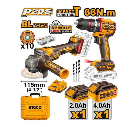 Набор шуруповерт 66 Нм-УШМ 115мм, 20в BL, Li-Ion SUPER INGCO CKLI20273 INDUSTRIAL