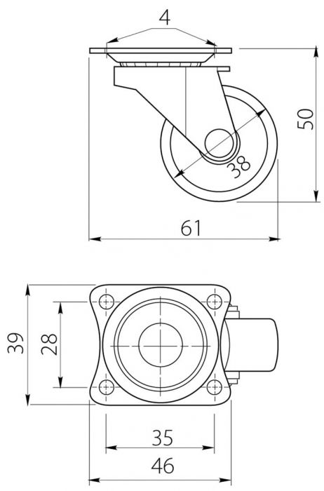 Опора колесная D-75мм, поворотная