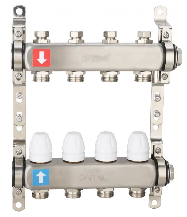 Коллектор регулируемый с запорными клапанами Нерж 4 вых GAPPO (1)