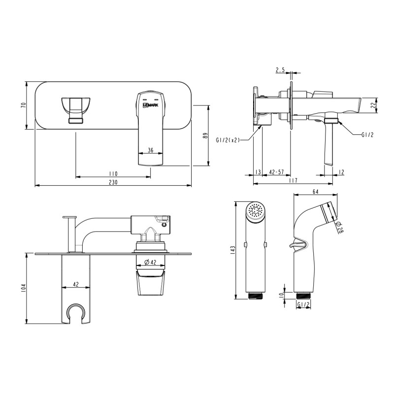 Смеситель "URSUS" с гигиеническим душем, встраиваемый, черный LM7220BL