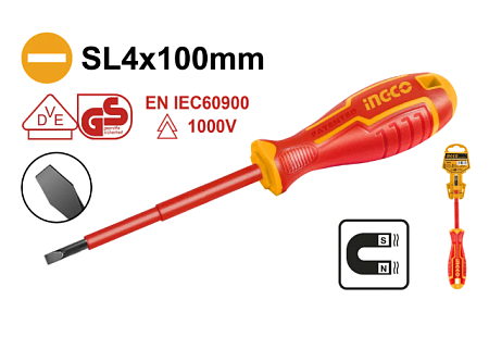 Отвертка Диэлектрик шлиц SL4 x 100 INGCO