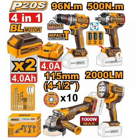 Набор шуруповерт 96Hm + гайковерт 500Hm + УШМ 115мм+ фонарь 2000LM. 20В INGCO COSLI241292 INDUSTRIAL