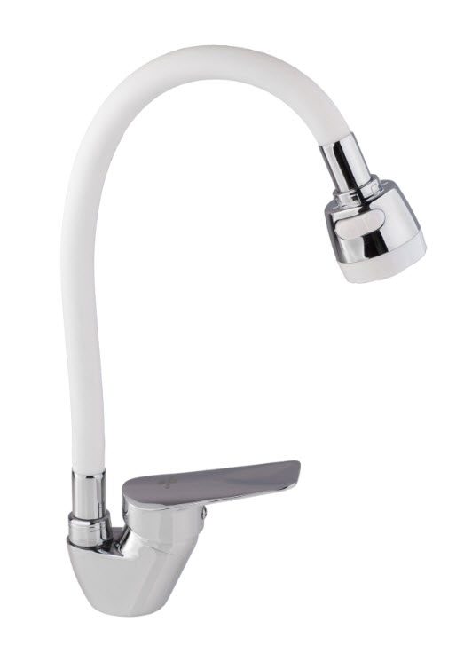 Смеситель VODEN 4429 А27A для кухни на гайке с гибким белым гусаком и насадкой (10 шт/кор) (_10_)