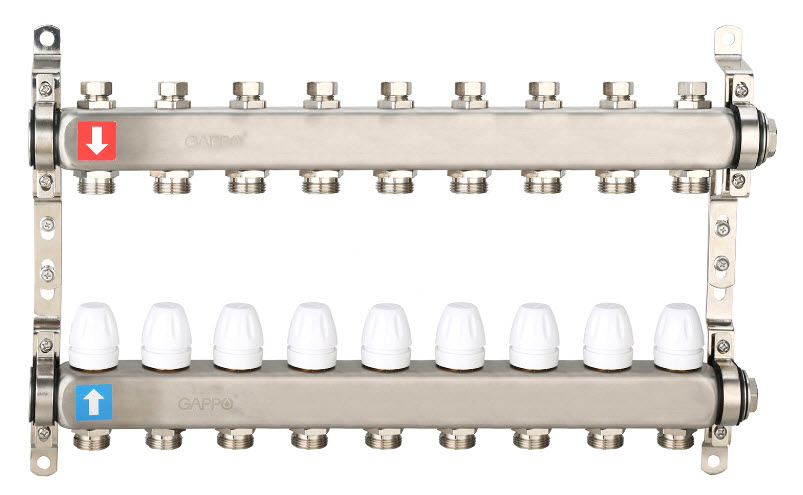 Коллектор регулируемый с запорными клапанами Нерж 9 вых GAPPO (1)