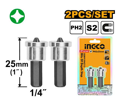 Бита PH2 25мм с ограничителем 2 шт, INGCO SDB91PH213