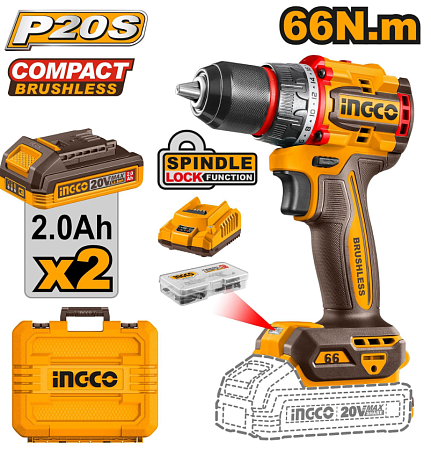 Шуруповерт INGCO CDLI20668 бесщеточный Li-ion 20.0В, 2Ач, 66 Нм, 2акб, кейс INDUSTRIAL