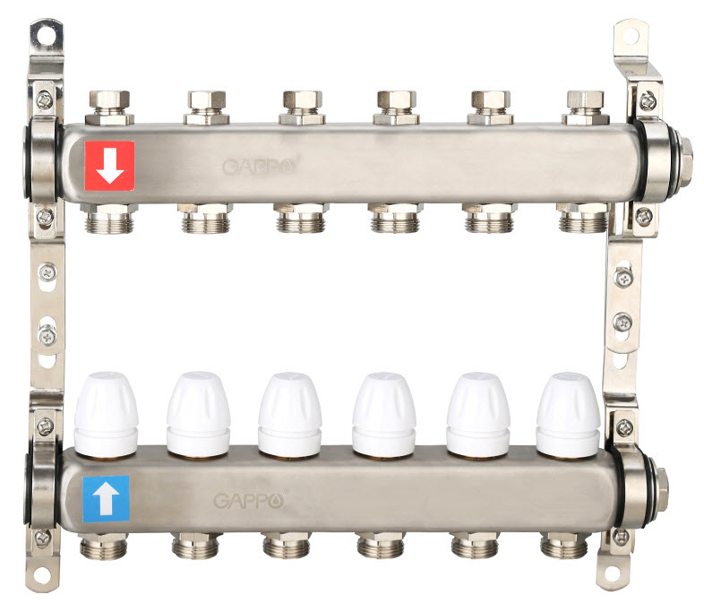 Коллектор регулируемый с запорными клапанами Нерж 6 вых GAPPO (1)