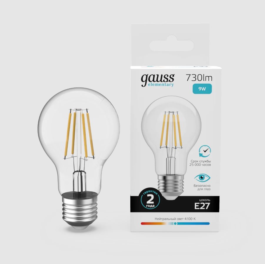 Лампа Gauss Filament Elementary А60 9W 730lm 4100К Е27 LED 1/10/50 (10)