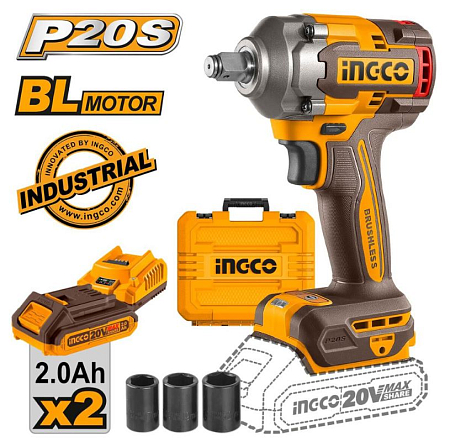 Гайковерт INGCO CIWLI2040 бесщеточный ударный Li-ion 20B, 2 АКБ 2.0, З/У 400Нм, кейс