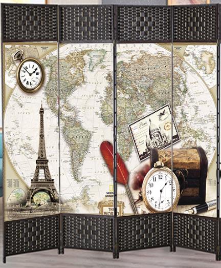 Ширма 4 двери "Карта мира" ротанг