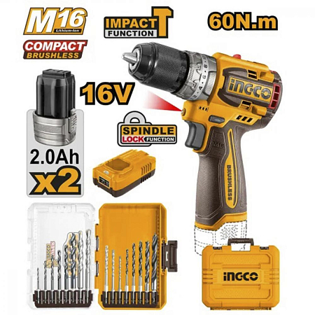 Шуруповерт INGCO COSLI241199 ударный бесщеточный Li-ion 16.0B, 60 Нм, + оснастка INDUSTRIAL