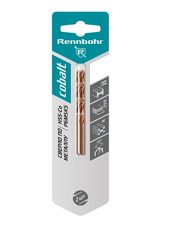 Сверло по металлу,  ЦХ, 3,2х65мм, HSS-Co, Р6М5К5, 2шт/уп, RENNBOHR COBALT CARD