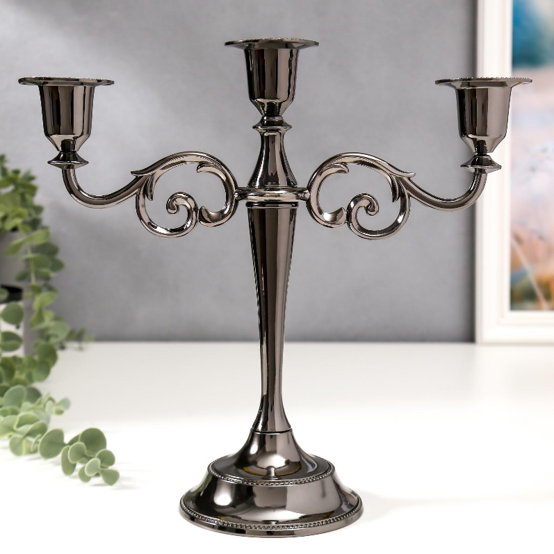 Подсвечник металл на 3 свечи "Лаконичность" цвет чёрный хром 25,5х27х10 см 279239 (12)