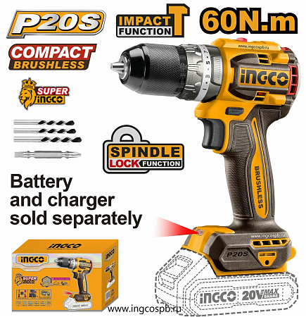 Шуруповерт INGCO CDLI20602 бесщеточный Li-ion 20.0B, 2Ач, 60 Нм, 2акб, кейс INDUSTRIAL