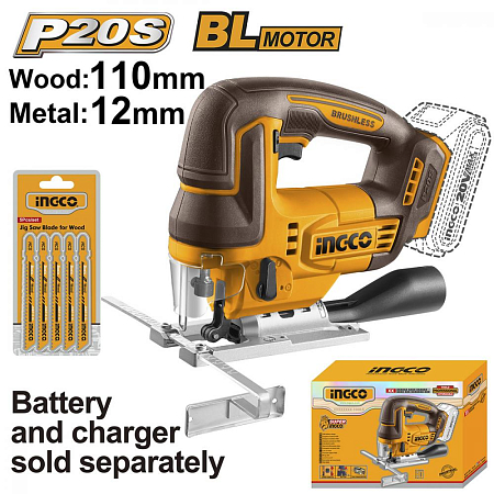 Лобзик INGCO 20В 3000 об/мин бесщеточный, без АКБ и З/У CJSLI1008 INDUSTRIAL