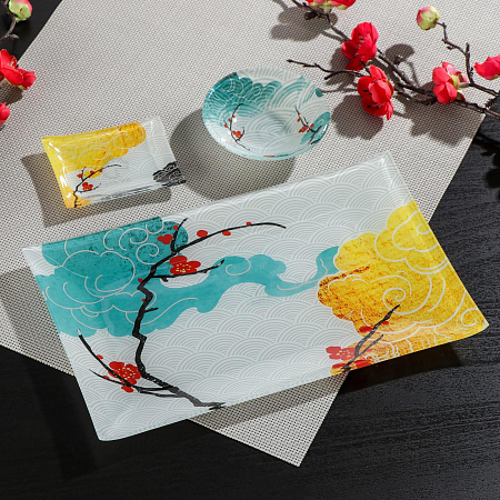 Набор для суши Доляна «Абстракция», 3 предмета: соусники 8×2 см, 8×6 см, подставка 25×15 см