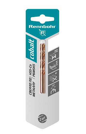 Сверло по металлу,  ЦХ, 3,5х70мм, HSS-Co, Р6М5К5, 2шт/уп, RENNBOHR COBALT CARD