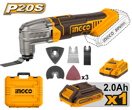 Реноватор INGCO CMLI20228, аккумуляторный 20В, АКБ 2Ач, 4 насадки, 5000-20000 кол/мин, кейс