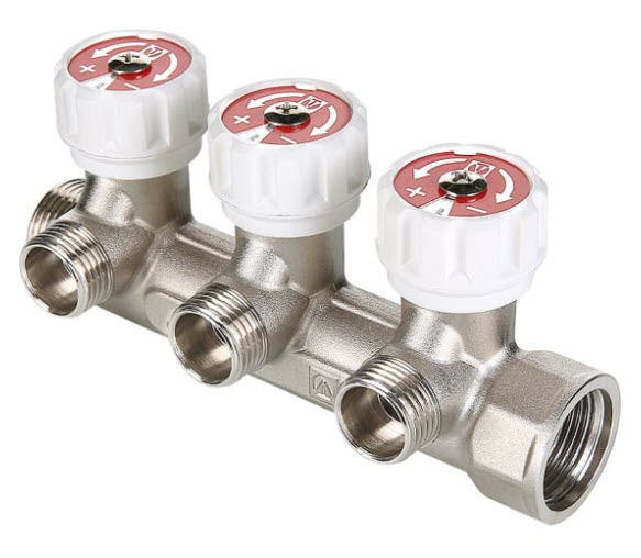 Коллектор с регул. вентилями, 1"х3 вых. Евроконус 3/4" (на подающий трубопровод)