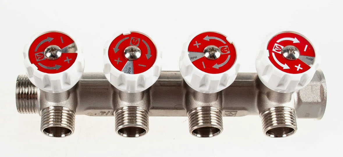 Коллектор VALTEC с регулировочными вентилями, 1"х4 вых. Евроконус 3/4" (на подающий трубопровод)