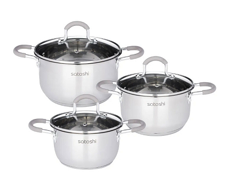 Набор кастрюль SATOSHI Альбер 6 пр.: 1,7л, 2,5л, 3,4л, бежевые силиконовые ручки, со стекл. крышкой