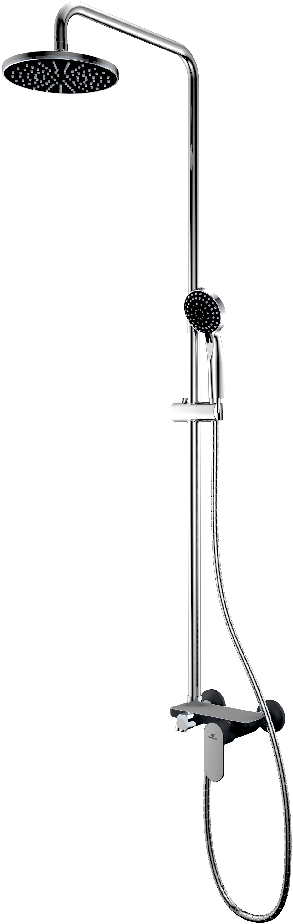 Душевой комплект CALORIE чёрный (смес-ль с кор.изливом, стойка, верхний душ, ручной душ)