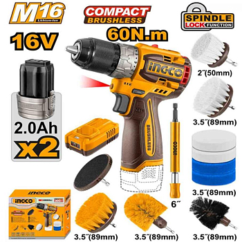 Шуруповерт INGCO COSLI240786 бесщеточный Li-ion 16 В. 60 Нм 2 Ач, 2 АКБ, набор щеток, INDUSTRIAL