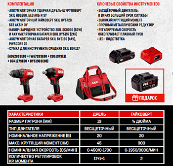 Дрель-шур. акк. удар.SKILHD6280+Акк.Гайк.IW6720+набор(ЗУ+ Акб 2Ач)CB5197SE11+СумкаBG3224+АКБ(4Ач)