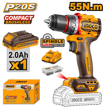 Шуруповерт INGCO CDLI205582 бесщеточный Li-lon 20 В, 2 Ач, 55 Нм, 1 акб,   INDUSTRIAL (5)